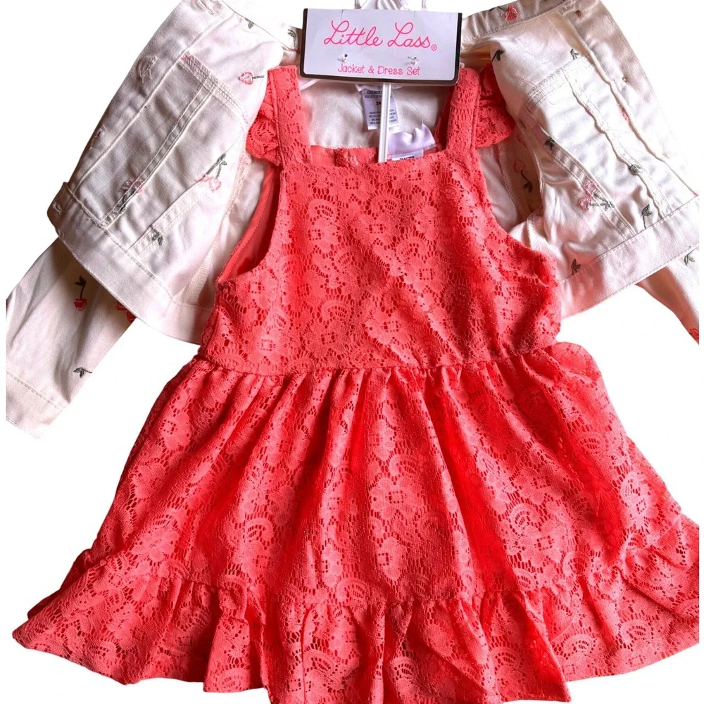 3pc Dress Set Toddler 24M Pink White NWT Cherry Blossom Lace Jacket NWT